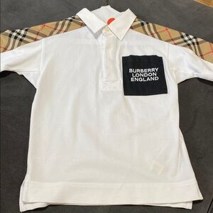 Burberry White Polo with Black Pocket and Plaid Sleeves
